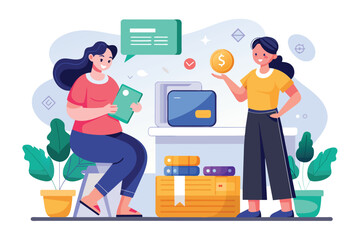 Two women seated at a table, counting cash and handling credit cards during a financial transaction, women making transactions using credit cards, Simple and minimalist flat Vector Illustration