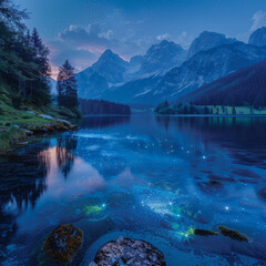 Ein geheimnisvoller See, dessen Wasser in der Nacht leuchtet. --stylize 750 Job ID: 31804ad0-5c49-4ffe-99a6-0c2a52fc22f7