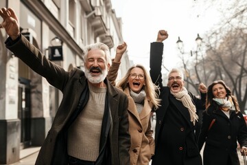 Group of happy senior friends having fun together in the city street.