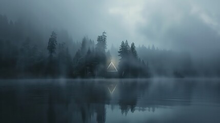 Mysterious triangle illuminating foggy forest lake. Fantasy forest landscape, neon light reflected in the water. 3d illustration.