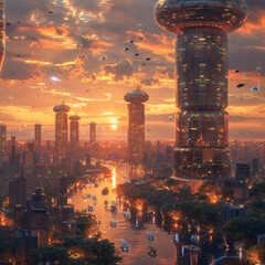 Ein futuristisches Stadtbild bei Sonnenuntergang mit fliegenden Autos und hohen GlasgebÃ¤uden --stylize 750 Job ID: d21df76a-50e5-4f4b-9e85-248521eb4a93
