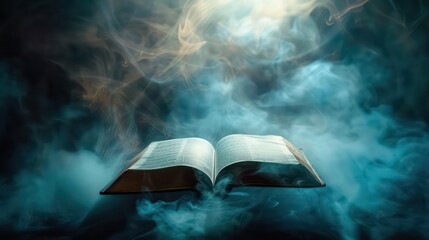 Open bible on a dark background with rays of light and smoke - obrazy, fototapety, plakaty