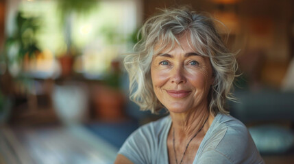 Obraz premium Senior woman with a gentle smile looking at the camera in a cozy home setting.