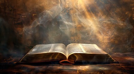 Open bible on a dark background with rays of light and smoke - obrazy, fototapety, plakaty