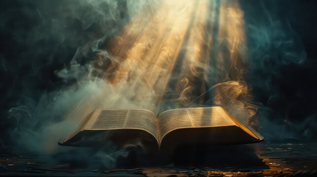 Open bible on a dark background with rays of light and smoke