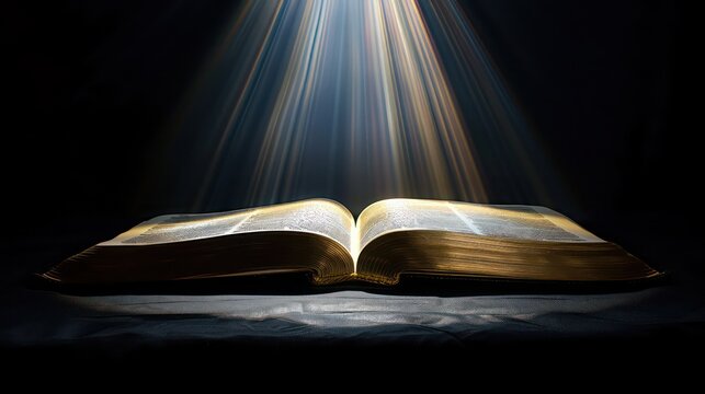 Open bible on a dark background with rays of light and smoke