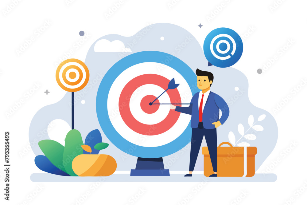 Poster a man successfully hits the target bullseye with a dart in a simple and minimalist setting, work bus