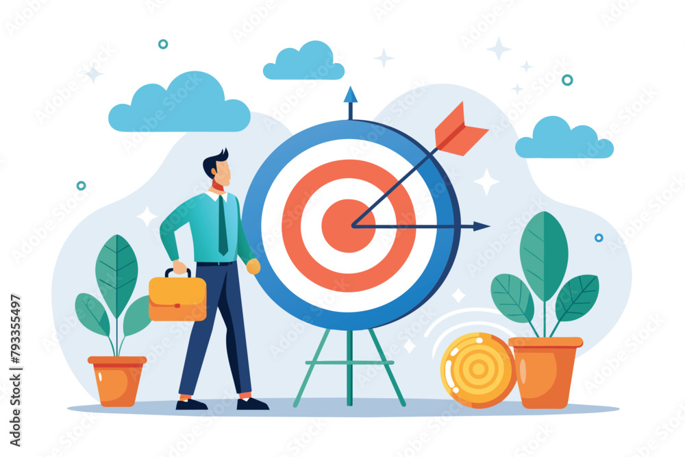 Poster a man stands in front of a target, aiming at it for target practice, work business targeting, simple