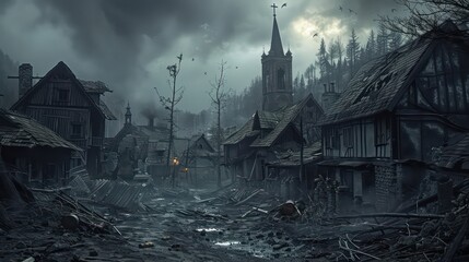 Dark Fantasy Western City, Dark Ambiance and landscape, Gothic Architecture - obrazy, fototapety, plakaty