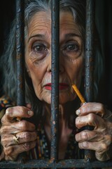 Elderly Woman Gripping Jail Bars with Cigarette