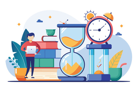 Person Standing Next to Pile of Books and Clock, Work deadline, time management concept, Simple and minimalist flat Vector Illustration