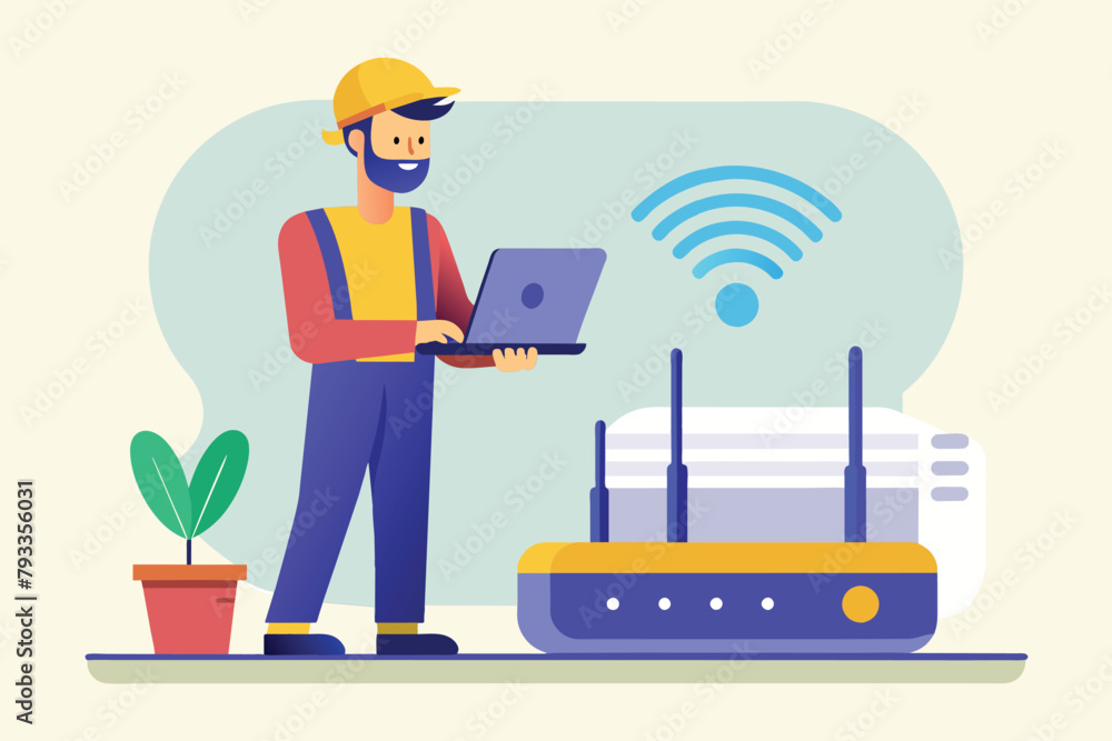 Poster a man stands by a laptop in front of a router, checking the wifi connection, worker checking the wif