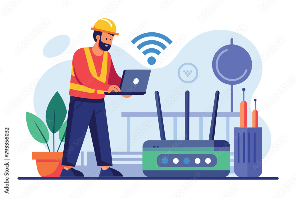 Poster worker standing in front of a laptop computer, worker checking the wifi router, simple and minimalis
