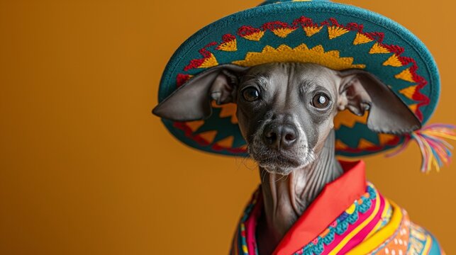 A Xoloitzcuintli, or Mexican Hairless dog, dressed in Mexican folk attire, sporting a sombrero.