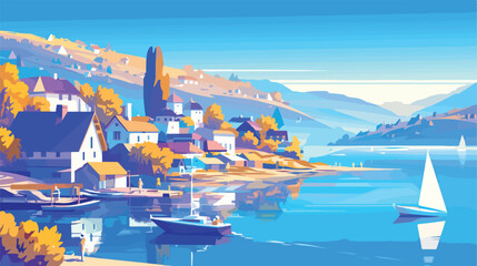 Vector Small town landscape with houses on shore of