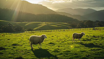 Mountain Majesty: Sheep Grazing in the Radiant Sunlight of a Stunning Landscape