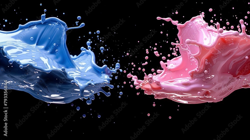 Poster two vibrant splashes of colored liquid intertwine on a black background, creating a dynamic and visu