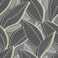 Vector seamless pattern with stylized leaves. Background Curved lines Leaves grey and green. Vector illustration for your design.