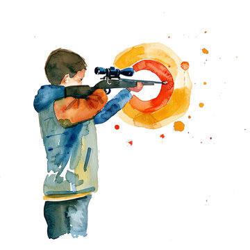 Minimalistic watercolor illustration of shooting (clay pigeon shooting, target shooting) on a white background, cute and comical.
