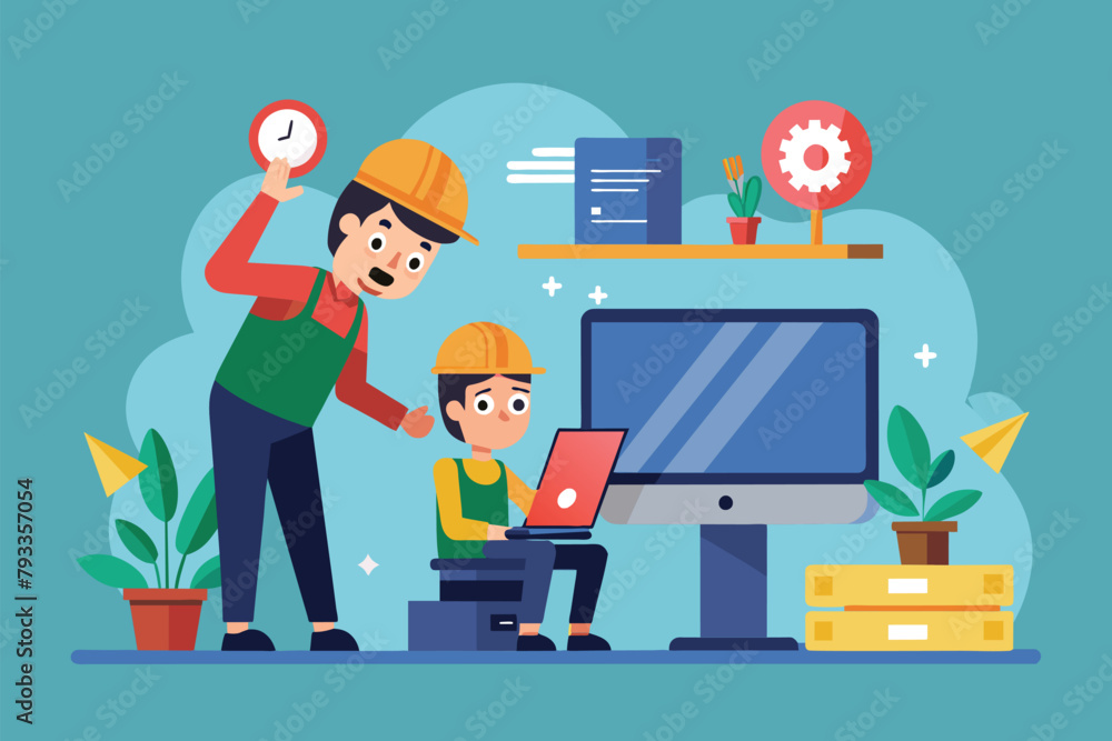 Poster a man and a boy are fixing computer errors together, workers are fixing computer errors, simple and 