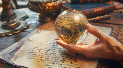 Hand Holding Glass Globe with Book Text in a Vintage Style
