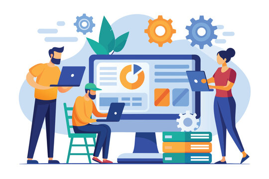 People collaborating on a computer system surrounded by gears, focusing on software installation and maintenance, Workers are installing software, Simple and minimalist flat Vector Illustration