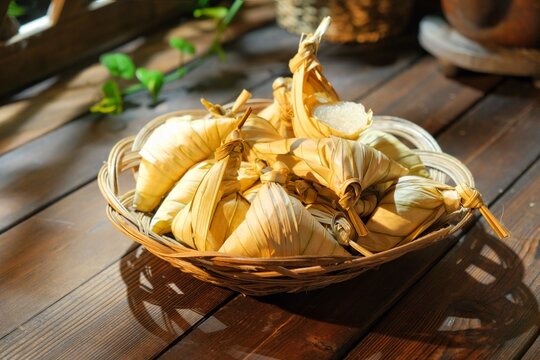 Popular Malaysian Traditional food for Hari Raya .Delicious food local food ketupat palas eaten with beef or chicken rendang and serunding