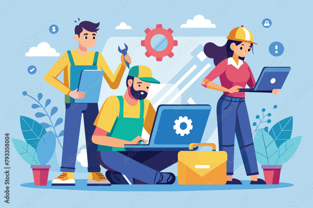 Poster group of workers standing around a laptop, discussing and repairing errors in a simple and minimalis