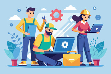 Group of workers standing around a laptop, discussing and repairing errors in a simple and minimalist setting, workers repair laptop errors, Simple and minimalist flat Vector Illustration