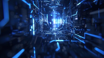 A blue and white computer chip image with a blue tunnel