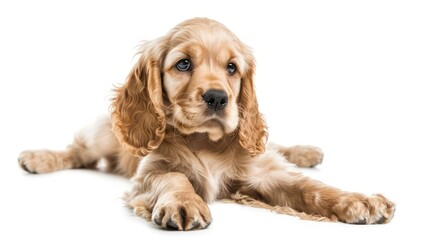 Golden English Cocker Spaniel laying on his side isolated against a white background