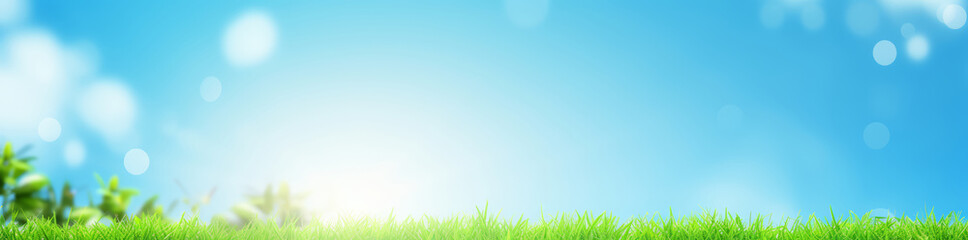Fototapeta na wymiar Beautiful spring summer natural landscape. Green meadow, garden or park grass on blue background with sun and bokeh lights on warm sunny day. Colorful bright nature panoramic banner with copyspace.
