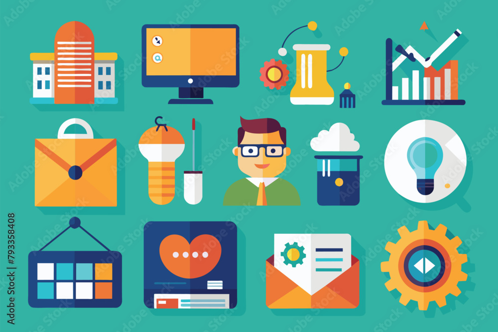 Poster collection of different items on a blue backdrop, including work icons set in a simple and minimalis