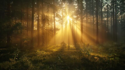 Sunrise in the forest with fog and rays of light