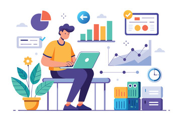 A man sitting outdoors on a bench, working on a laptop, working in an office doing data analysis, Simple and minimalist flat Vector Illustration