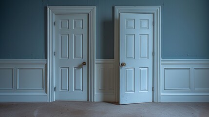 Two white doors with a blue wall in the background