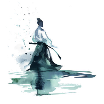 Minimalistic watercolor illustration of aikido on a white background, cute and comical.