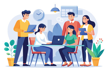 People discussing startup meeting around a table with a laptop, working together discussing startup meeting of colleagues coworking teamwork, Simple and minimalist flat Vector Illustration