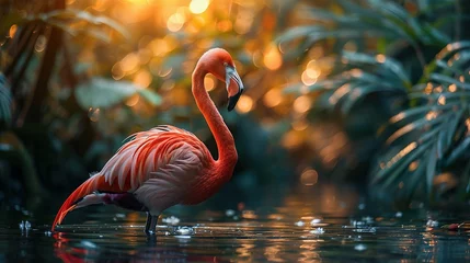 Foto op Canvas Flamingo Stand in The Water With Beautiful background Nature 4K Wallpaper © Jennifer