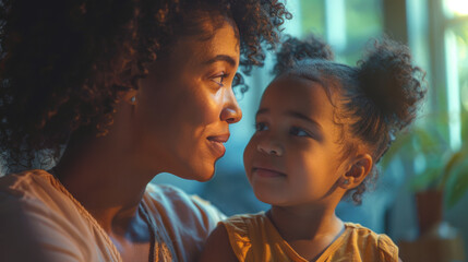 A speech therapist interacts with a young child in a warm, sunlit room.
