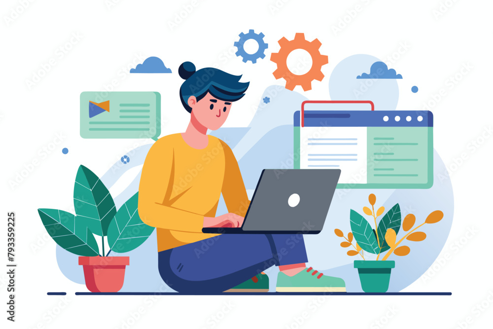 Poster a person is seated on the floor, using a laptop to fix errors on a website page, working with a lapt