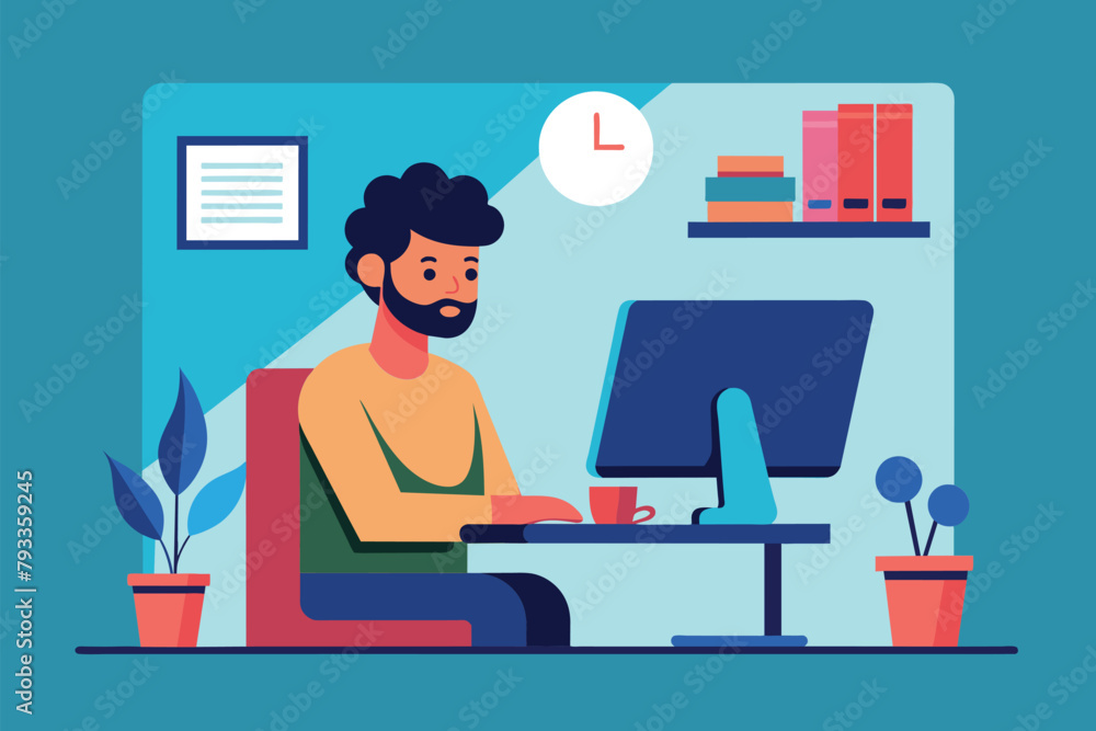 Poster a man is seated at a desk, focused on his computer screen while working, working with computer scree