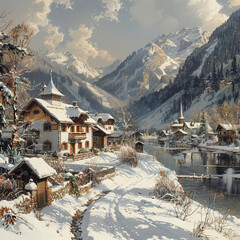 Ein ruhiges Dorf am FuÃŸe eines schneebedeckten Berges --stylize 750 Job ID: 7e9b759a-05b2-459e-9703-f48da8ec5717