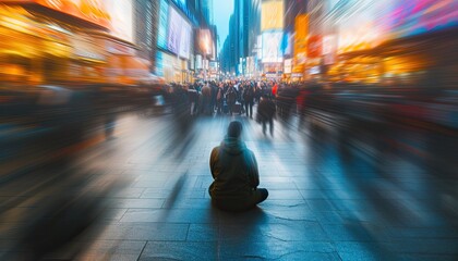 Amidst bustling crowd, figure sits serenely, captured in motion blur with long shutter. 📷🧘‍♂️ #UrbanSerenity - obrazy, fototapety, plakaty