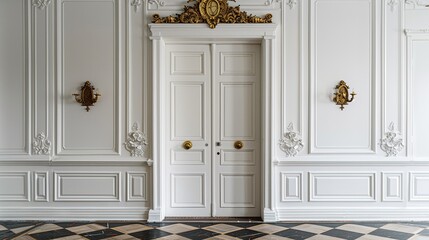 The room is very large and has a lot of white walls and a lot of gold accents