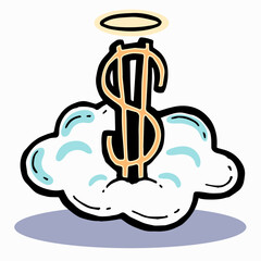 Tithe offering money icon holy charity deposit gold money symbol donation on a cloud with golden halo art illustration