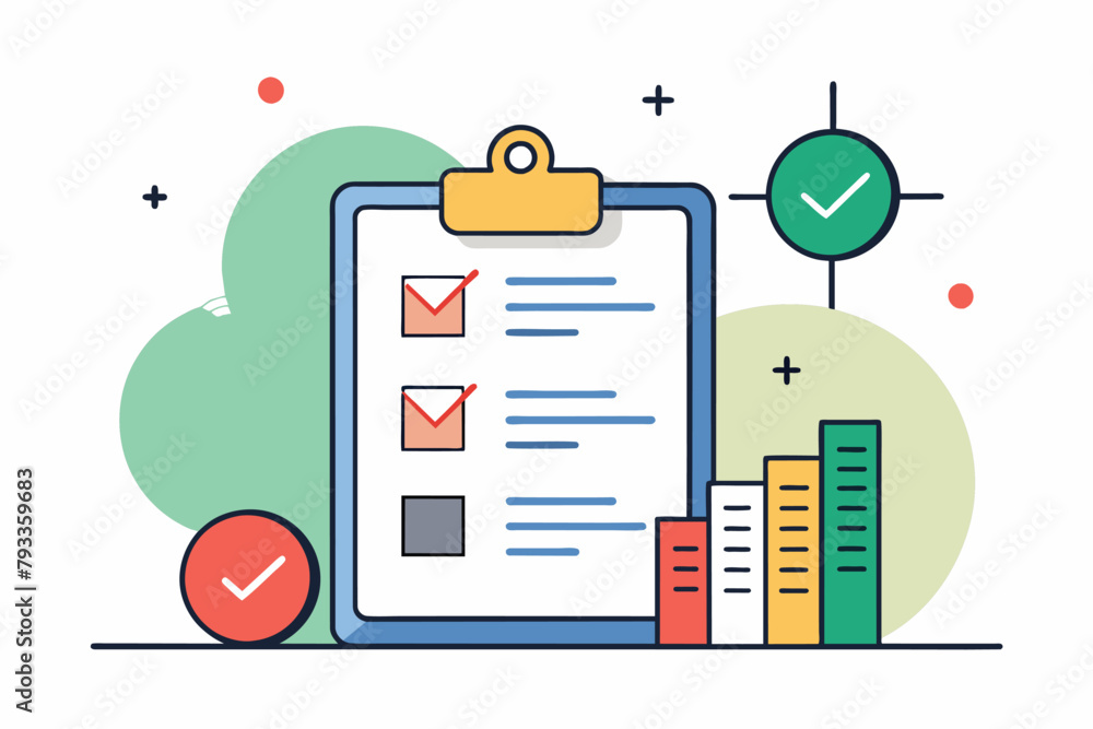 Poster a simple and minimalist checklist on a clipboard for tracking work progress, work progress report, s