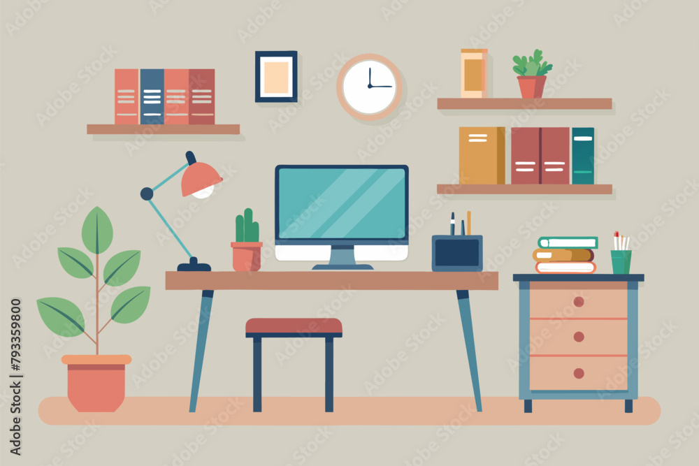 Aufkleber a desktop computer is placed on top of a wooden desk in a simple and minimalist workspace setting, w