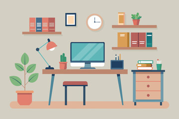 A desktop computer is placed on top of a wooden desk in a simple and minimalist workspace setting, Workspace, Simple and minimalist flat Vector Illustration