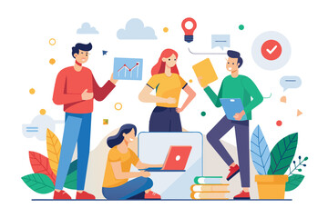 Diverse group of individuals standing and discussing while looking at the screen of a laptop, Work together to plan strategy trending, Simple and minimalist flat Vector Illustration